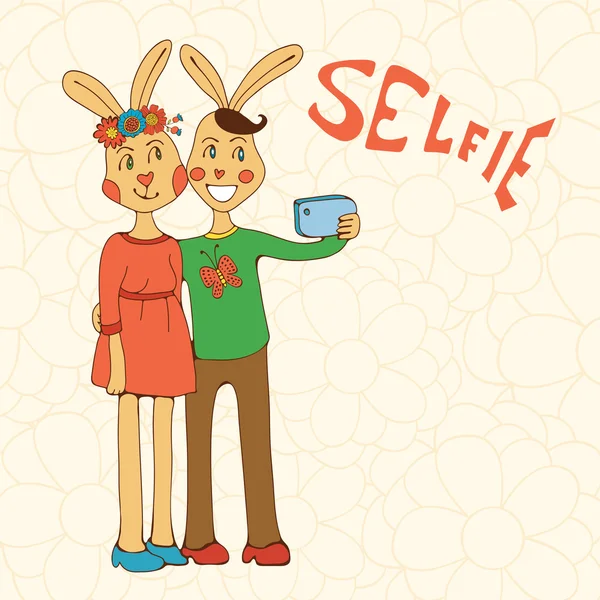 Bonito casal de coelhos tirando foto Selfie no telefone inteligente — Vetor de Stock