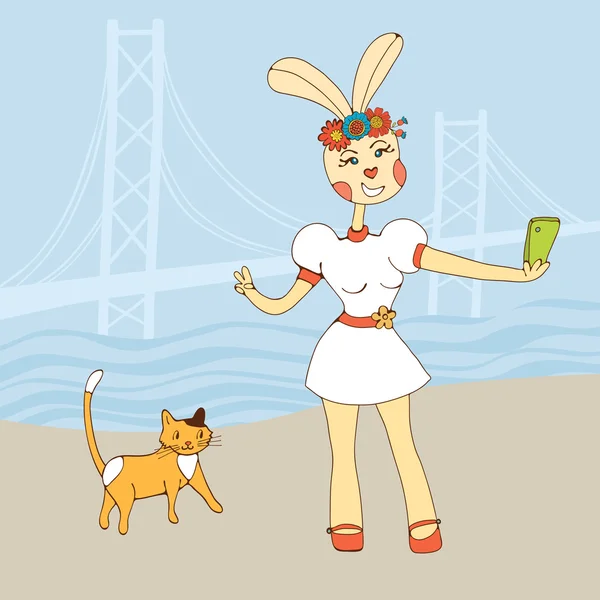 Sexy conejo chica tomando foto selfie en el teléfono inteligente — Archivo Imágenes Vectoriales