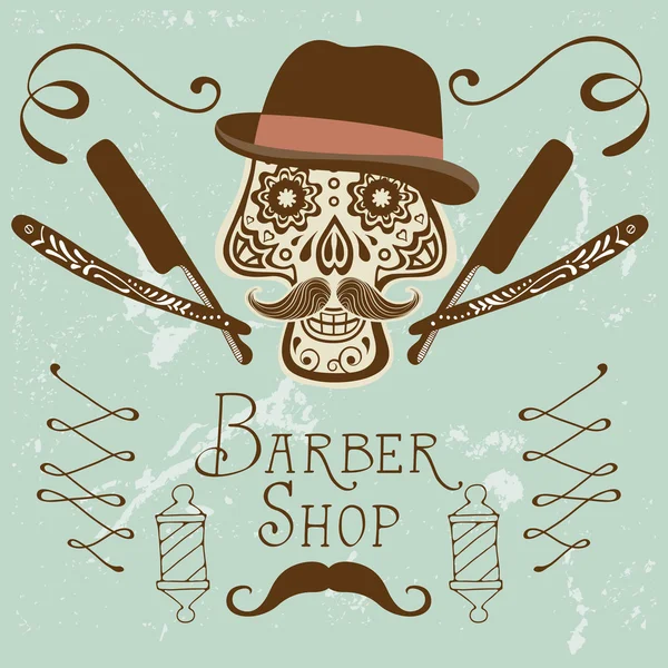髭と帽子とスカル。理髪店エンブレムのレトロなスタイルの手描画されたグラフィックス — ストックベクタ