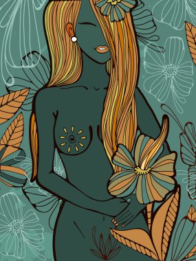 Güzel el çiçekleri ile çıplak bir kadın resmi çizilmiş