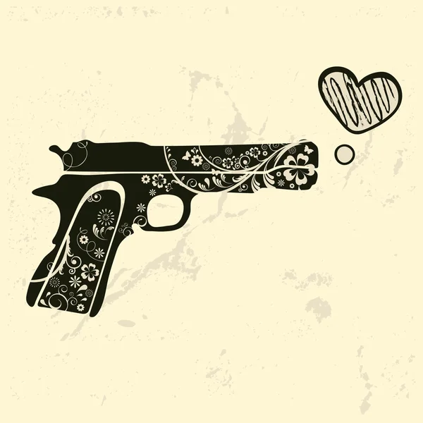 Una pistola d'amore. Emblema vintage con pistola sparare un cuore — Vettoriale Stock