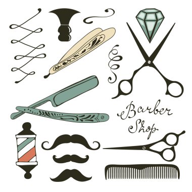 Vintage kuaför dükkanı nesneleri koleksiyonu