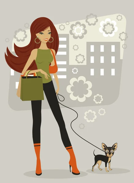 Beautiful woman with toy terrier — Stock Vector