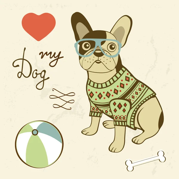 J'adore mon chien. Illustration d'un bulldog français hipster — Image vectorielle