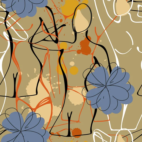 Motif art sans couture avec des gouttes de peinture et des silhouettes de femmes nues — Image vectorielle