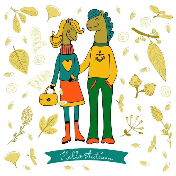 Hola otoño elegante tarjeta con lindos personajes de pareja de caballos. Ilustración vectorial — Vector de stock