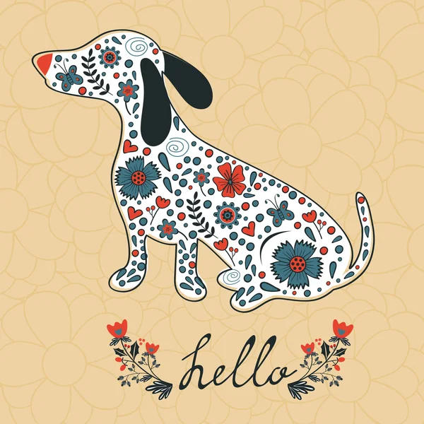Oncept hello card with floral badger dog — Stock Vector