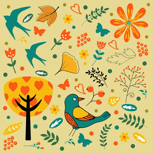 Autumn set with birds, flowers and leaves. — Stock Vector