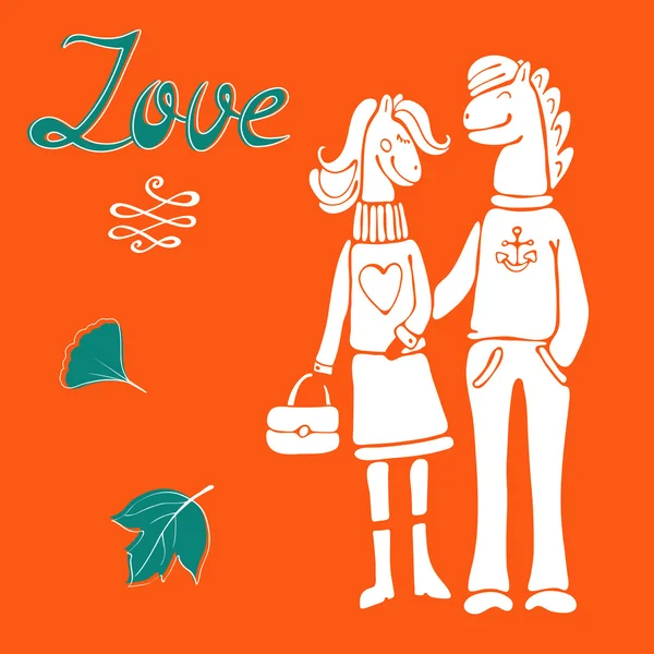 Love concept card con simpatica mano disegnato cavallo personaggi coppia — Vettoriale Stock
