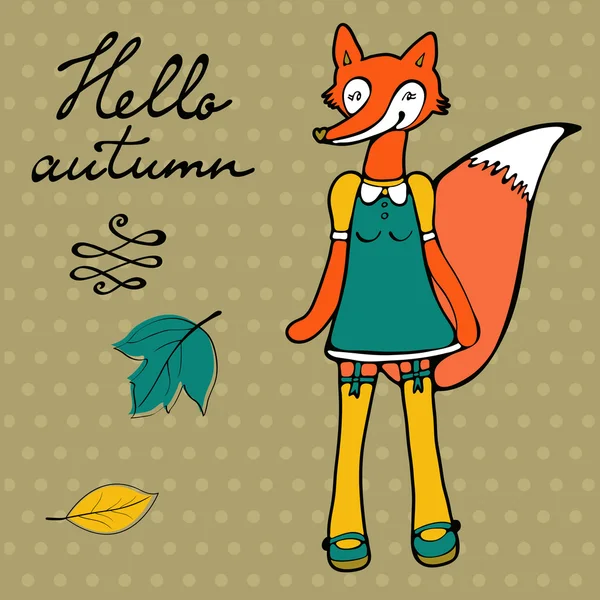 Bonjour automne élégante carte avec personnage de renard mignon — Image vectorielle