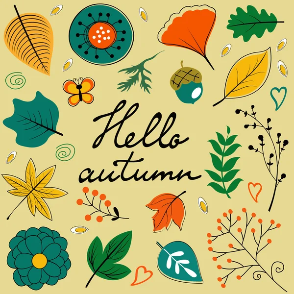Hermosa tarjeta de otoño hola con hojas flores y ramitas — Vector de stock