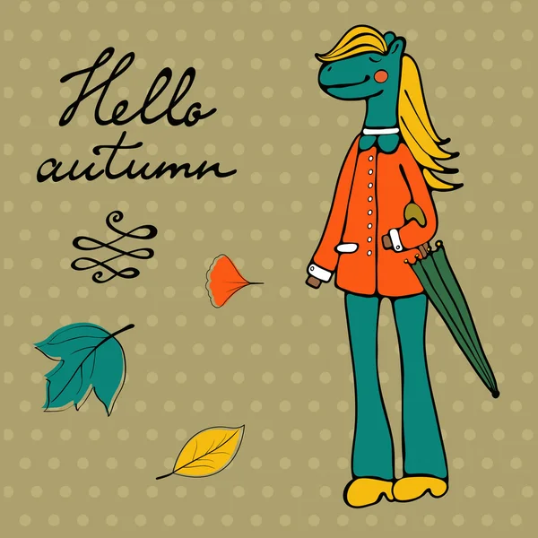 Ciao autunno elegante carta con personaggio cavallo carino — Vettoriale Stock