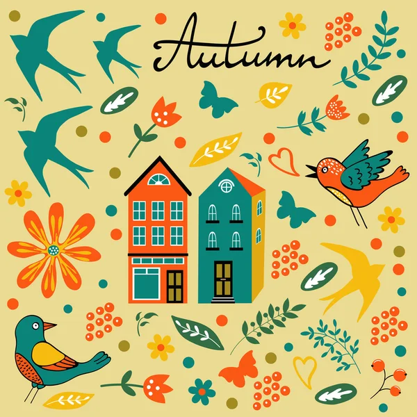 Ensemble d'automne avec oiseaux, fleurs et feuilles — Image vectorielle