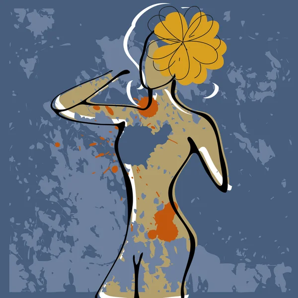 Fond d'art avec des gouttes de peinture et silhouette de femme nue — Image vectorielle