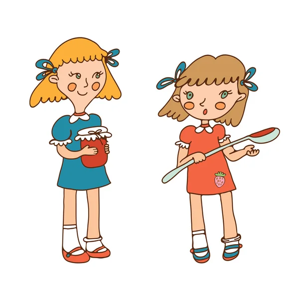 Δύο μικρά κορίτσια και μαρμελάδα — Διανυσματικό Αρχείο