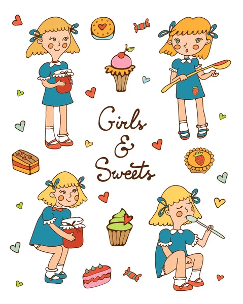 Коллекция маленьких девочек и сладостей — стоковый вектор