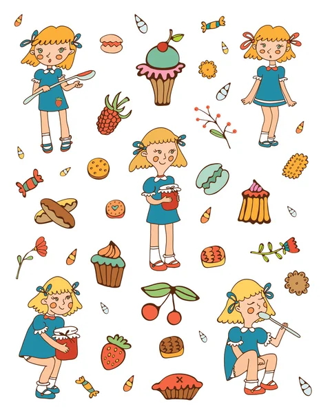 Little girls and sweets collection — Stock Vector