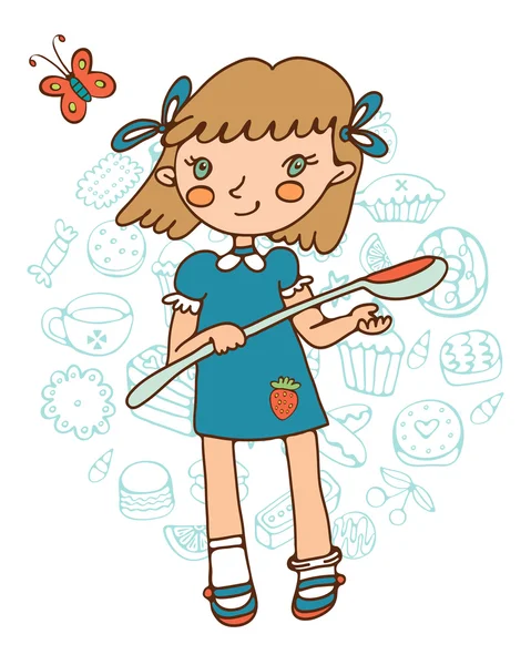Cute girl holding a big spoon. — Stock Vector