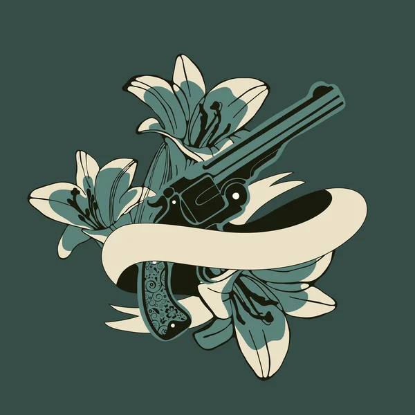 Klassiska revolvrar och lilly blommor emblem — Stock vektor