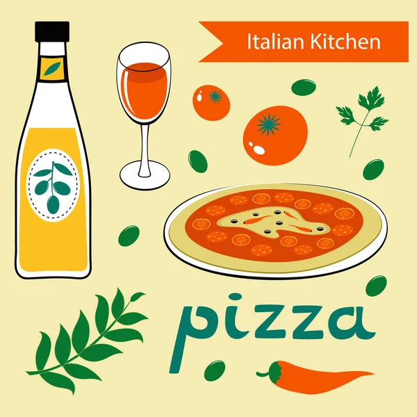 Un colorido conjunto de cocina italiana . — Vector de stock