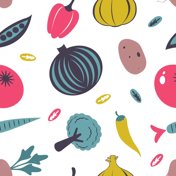 Modèle sans couture coloré de fruits et légumes frais — Image vectorielle