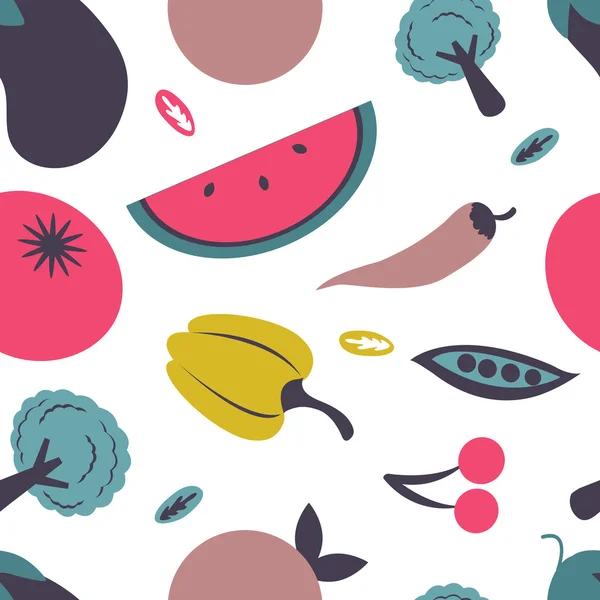 多彩的新鲜水果和蔬菜的无缝模式 — 图库矢量图片