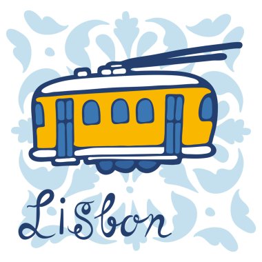Geleneksel Lizbon tramvay renkli çizimi