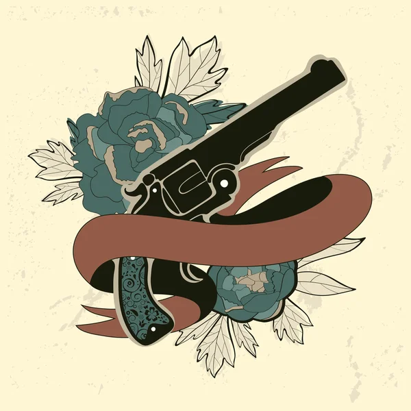 Emblema in stile vintage con cuore umano, fiori e revolver — Vettoriale Stock