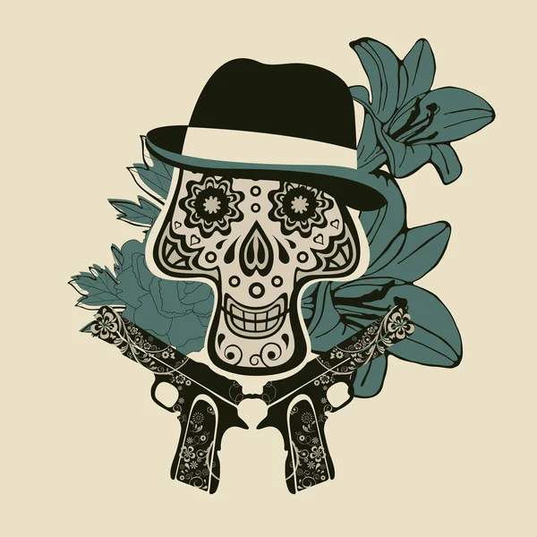 Calavera de azúcar dibujada a mano con flores y armas . — Vector de stock