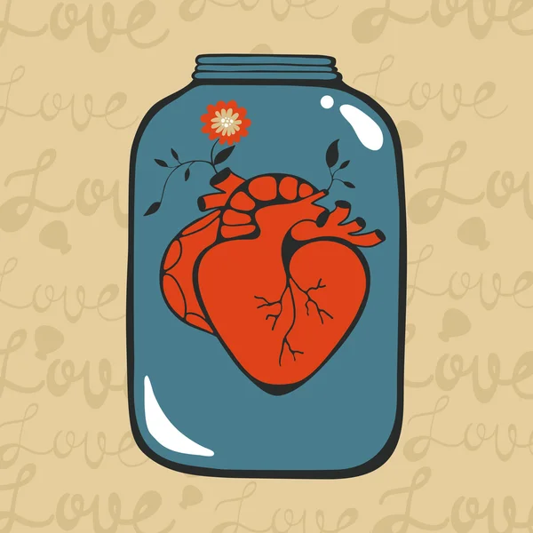 Concept love card with heart in jar — Stock Vector