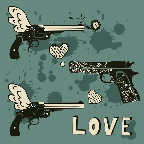 Láska zbraně sada. Vintage emblémy s pistole střílet srdce — Stockový vektor