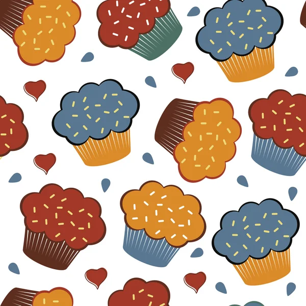 Colorful seamless pattern with cupcakes and hearts — Stock Vector