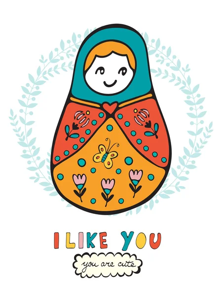 Colorful card with cute russian doll. — Stock Vector