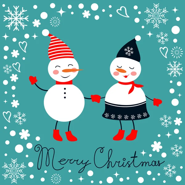 Όμορφη Χριστουγεννιάτικη κάρτα με δύο frosties, κρατώντας τα χέρια — Διανυσματικό Αρχείο