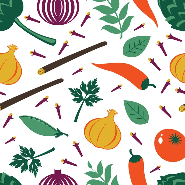 无缝模式以及新鲜蔬菜和香料 — 图库矢量图片