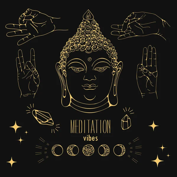 Illustration vibes de méditation dorée sur noir — Image vectorielle