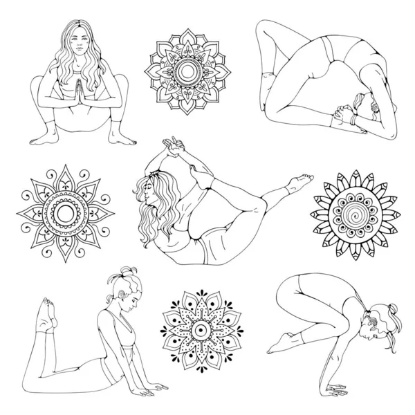 Yoga poses bela mulher ilustração definido no vetor. — Vetor de Stock