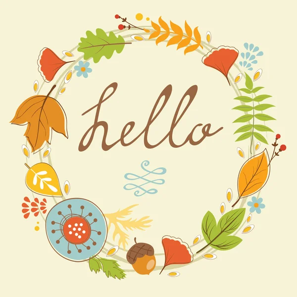 Beautiful  hello card with autumn wreath — Stock Vector