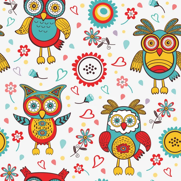 Cute colorful pattern with owls and flowers — Stock Vector