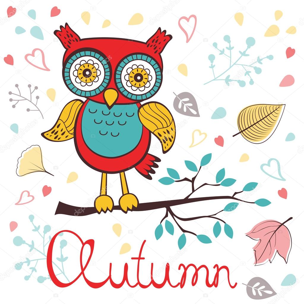 Autumn floral card with cute owl