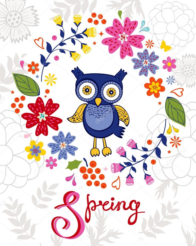 Funny owl in floral wreath