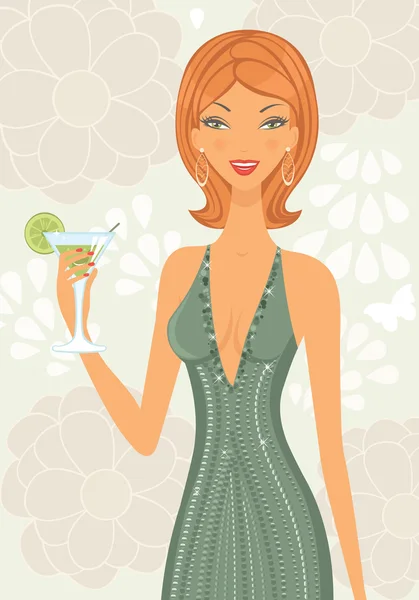 Beautiful elegant woman with cocktail — Stock Vector