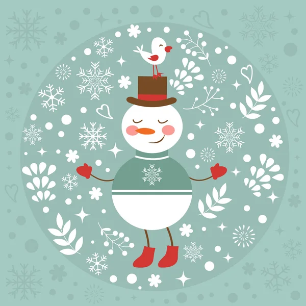 Vackra julkort med snögubbe och fågel — Stock vektor