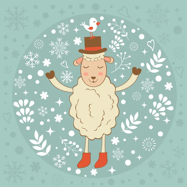 Cute winter card with sheep and bird — Stock Vector