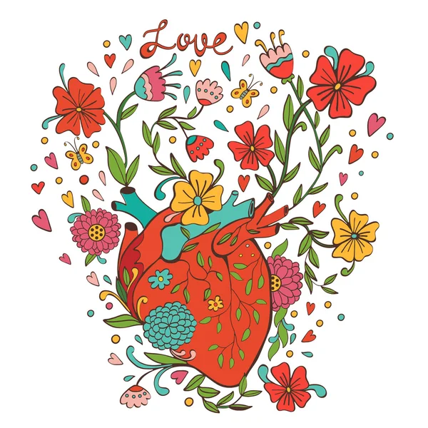 Иллюстрация человеческого сердца с красивыми цветами, растущими из него — стоковый вектор