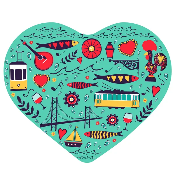 Travel concept card. Illustration of love for Lisbon - heart with vector icons. — Stock Vector