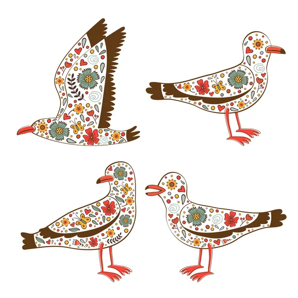 Beautiful collection of floral seagulls — Stock Vector