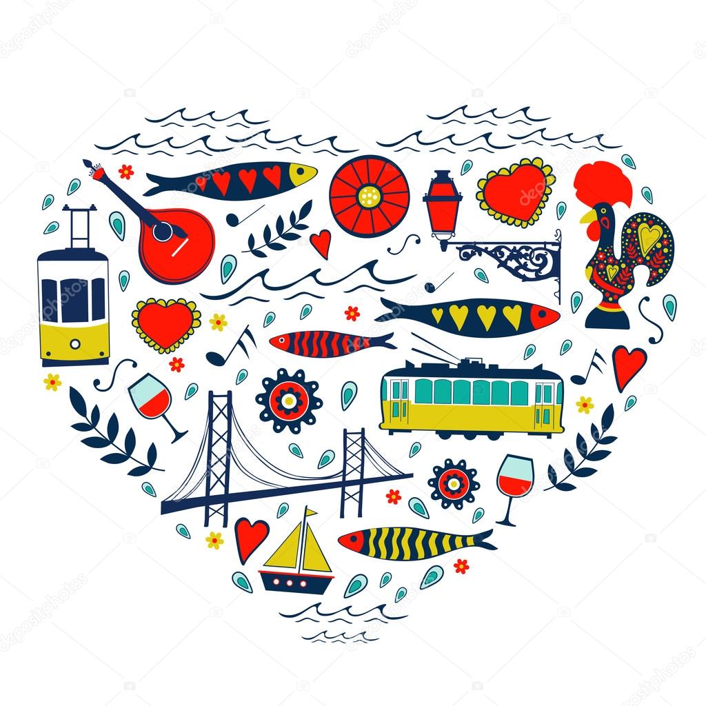 Travel concept card. Illustration of love for Lisbon - heart with vector icons