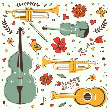 Çiçekler ve kuşlar ile renkli toplama müzik aletleri