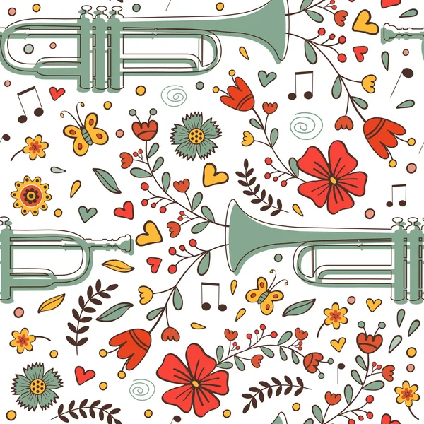 Seamless pattern with saxophone and flowers — Stock Vector